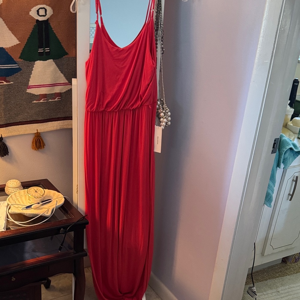 Staccato Coral Maxi Dress wore w jean jacket slouch boots by 7 for all mankind
